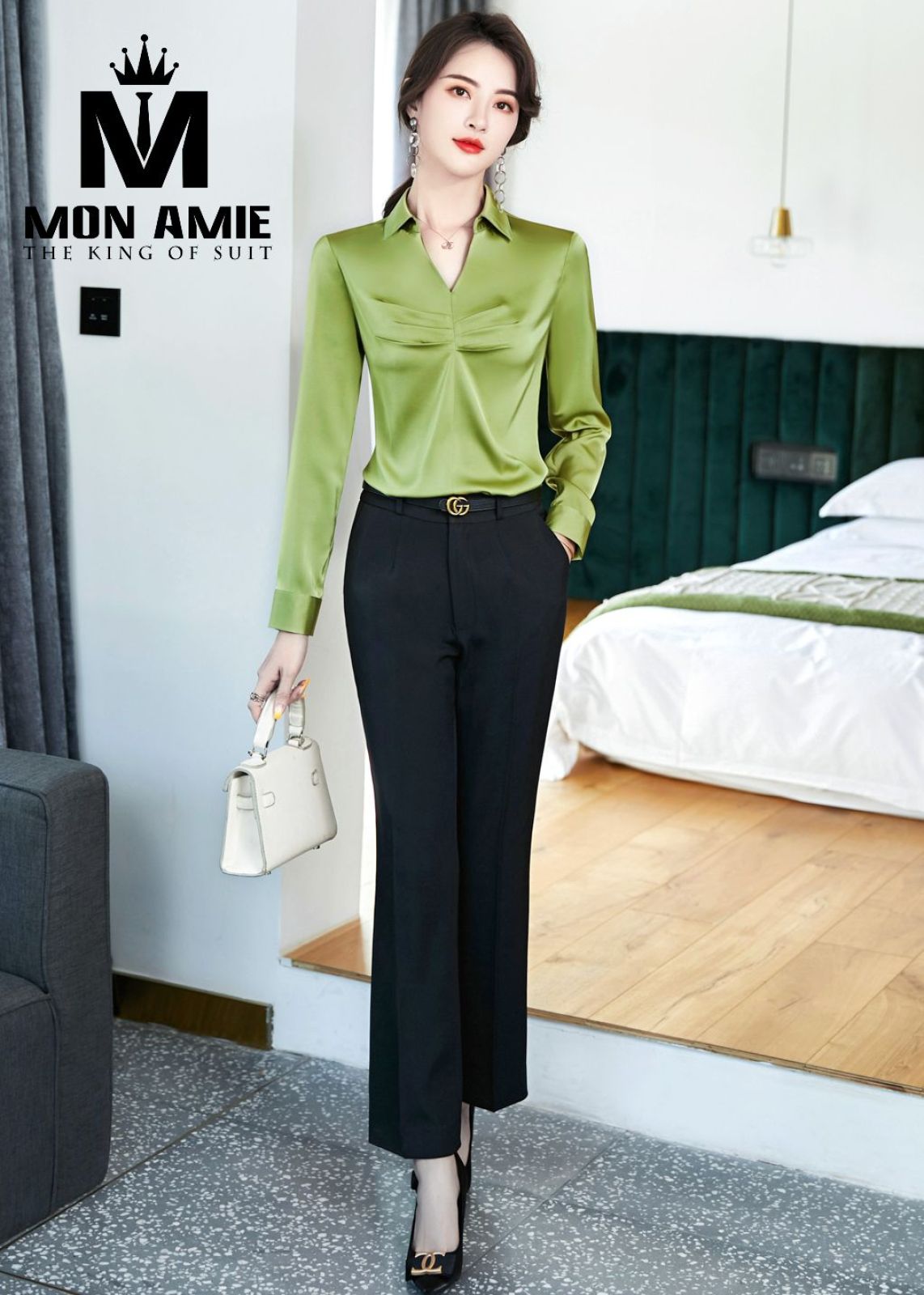 Pear Green Silk Half Collar Shirt 